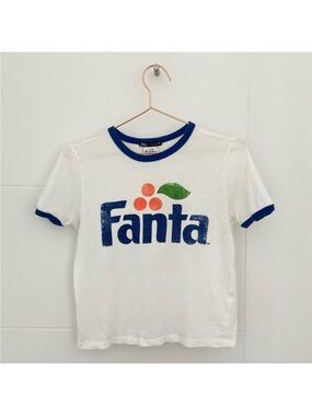 Zara White Fanta Logo Ringer Tee with Blue Trim and Orange-Green Accents